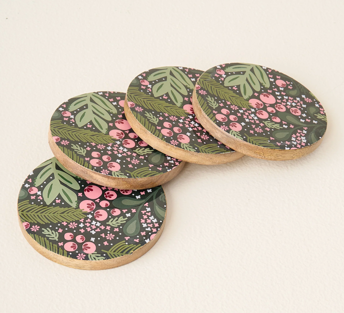 Jolly Sprig Wood Coaster Set